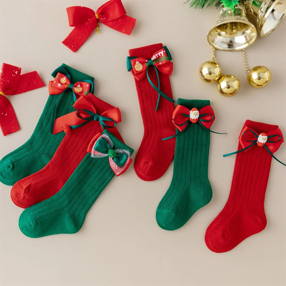 Christmas baby socks with bow decoration