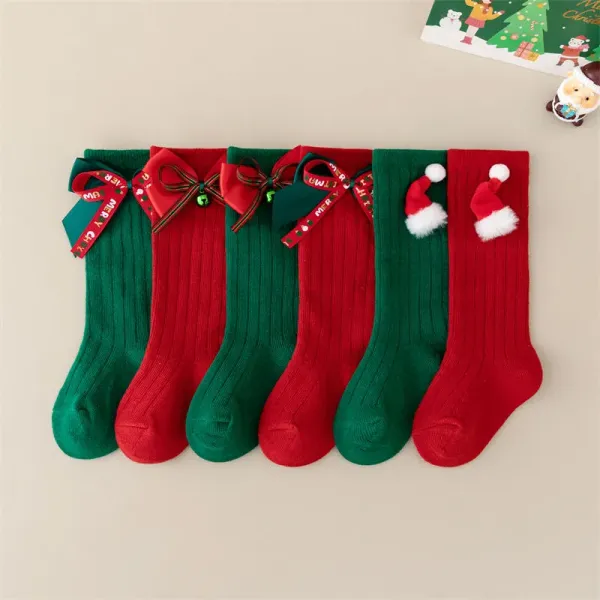 Pinecub Wholesale Christmas Baby Socks 0-6 Years - Cotton Knit Xmas Socks with Bows & Santa Hats