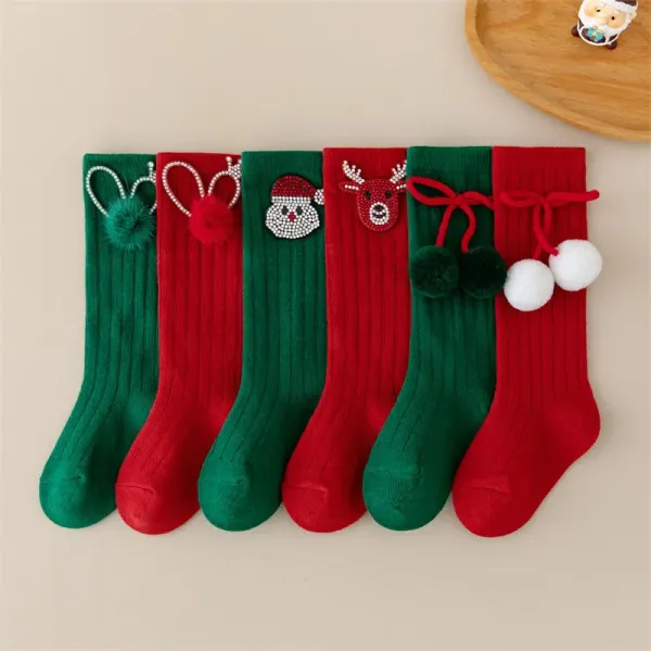 Wholesale Christmas Baby Girls Knee High Socks - Rhinestone Santa & Reindeer Xmas Socks with Pom Poms